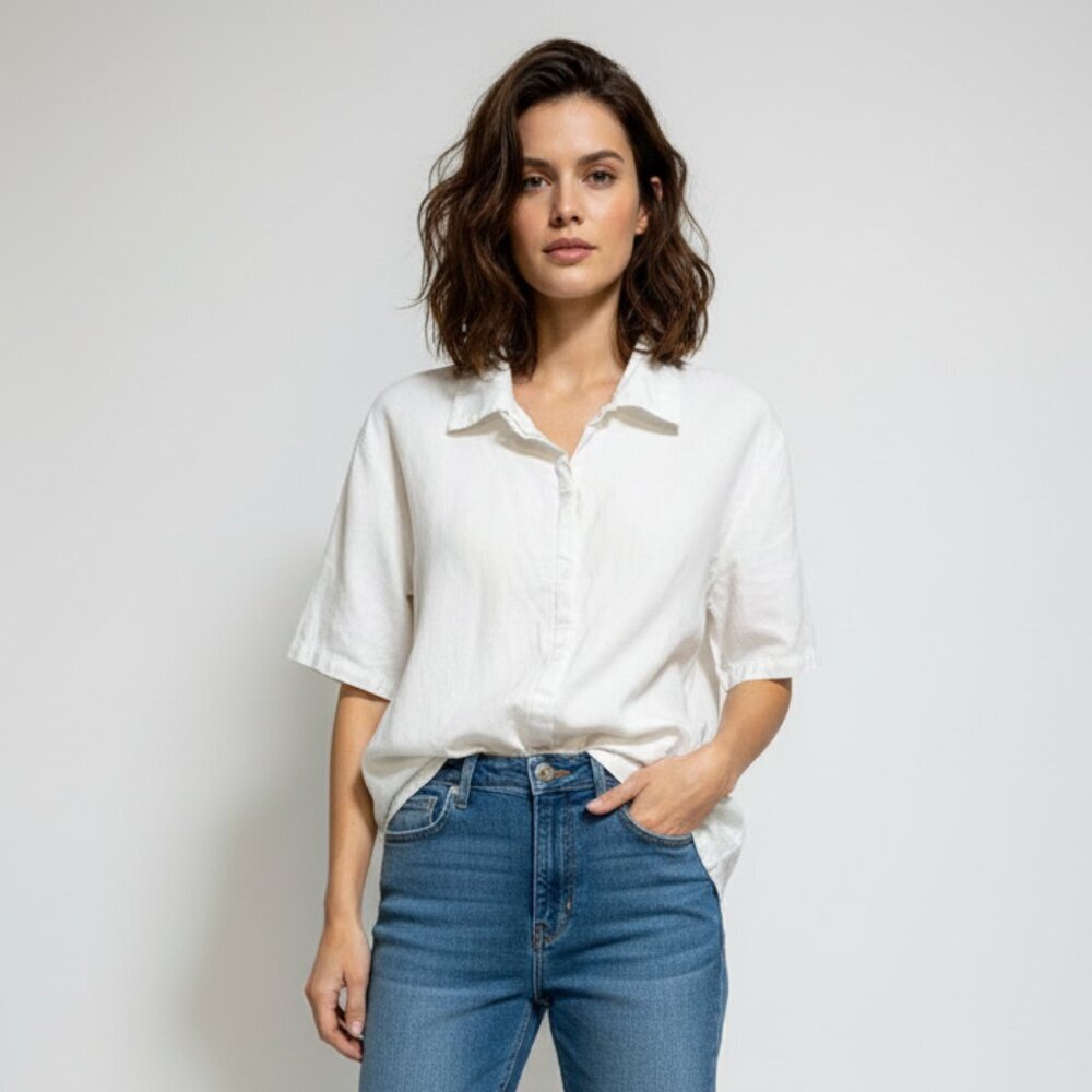 Penmans Plus White Short Sleeve Linen Blend Women’s Button Up Shirt Size 18W